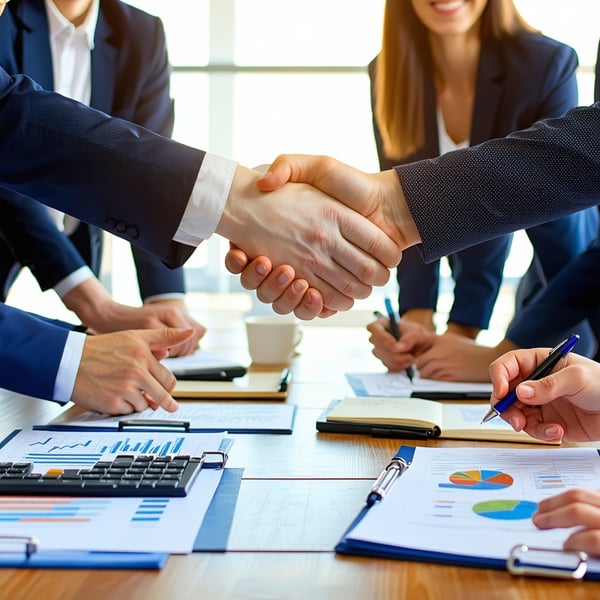 An image of two groups of business people shaking hands over a meeting table celebrating signing a deal to merge